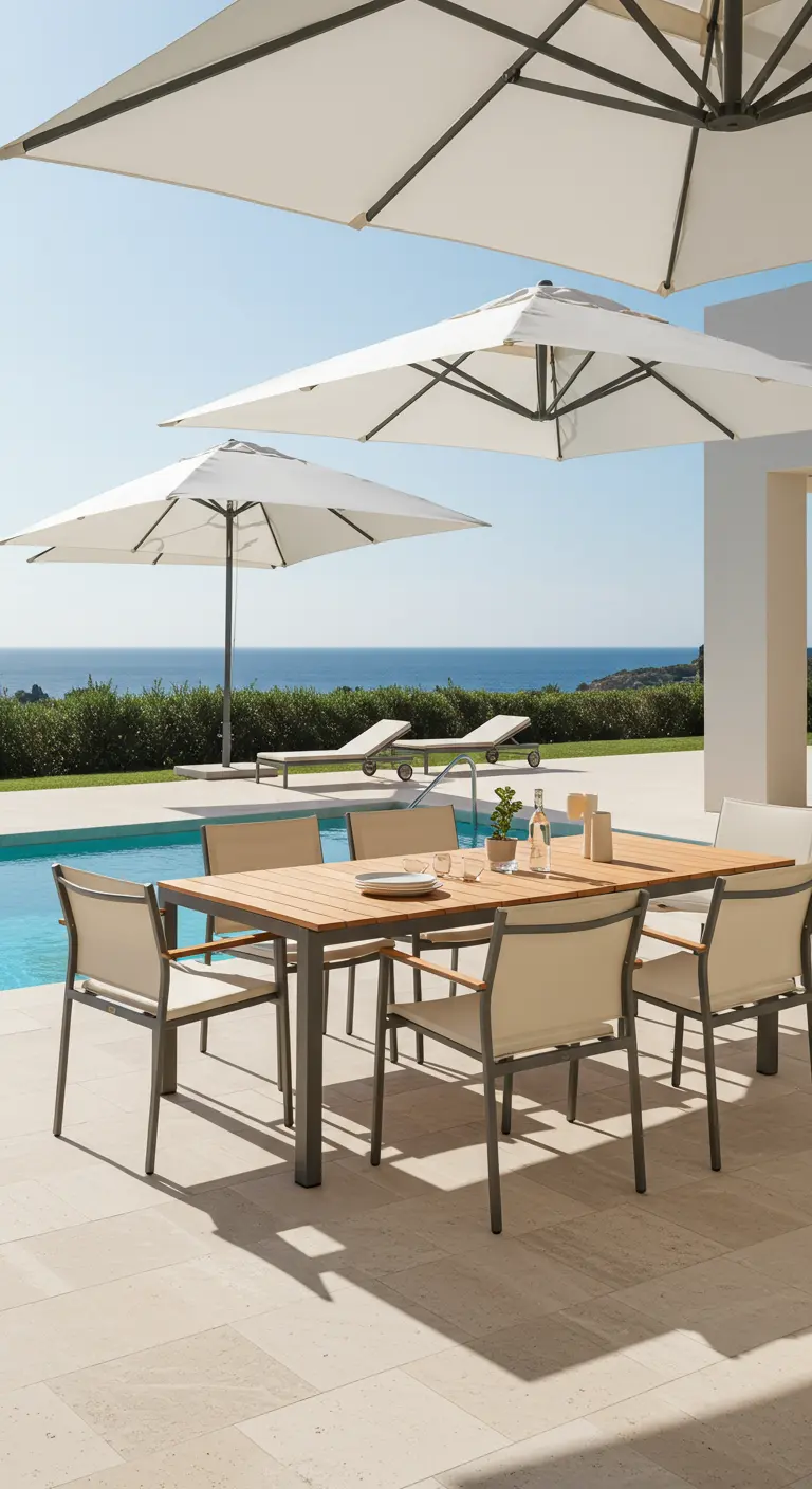 Table à manger extérieure en bois et aluminium noir près d'une piscine avec des parasols blancs.
