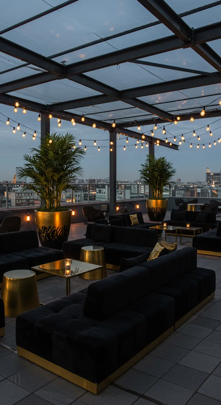 Rooftop lounge avec canapés noirs, tables dorées, grands pots et guirlandes lumineuses.