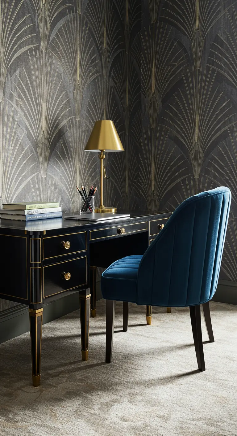 Bureau noir et or de style Art Déco avec une chaise en velours bleu devant un papier peint graphique.