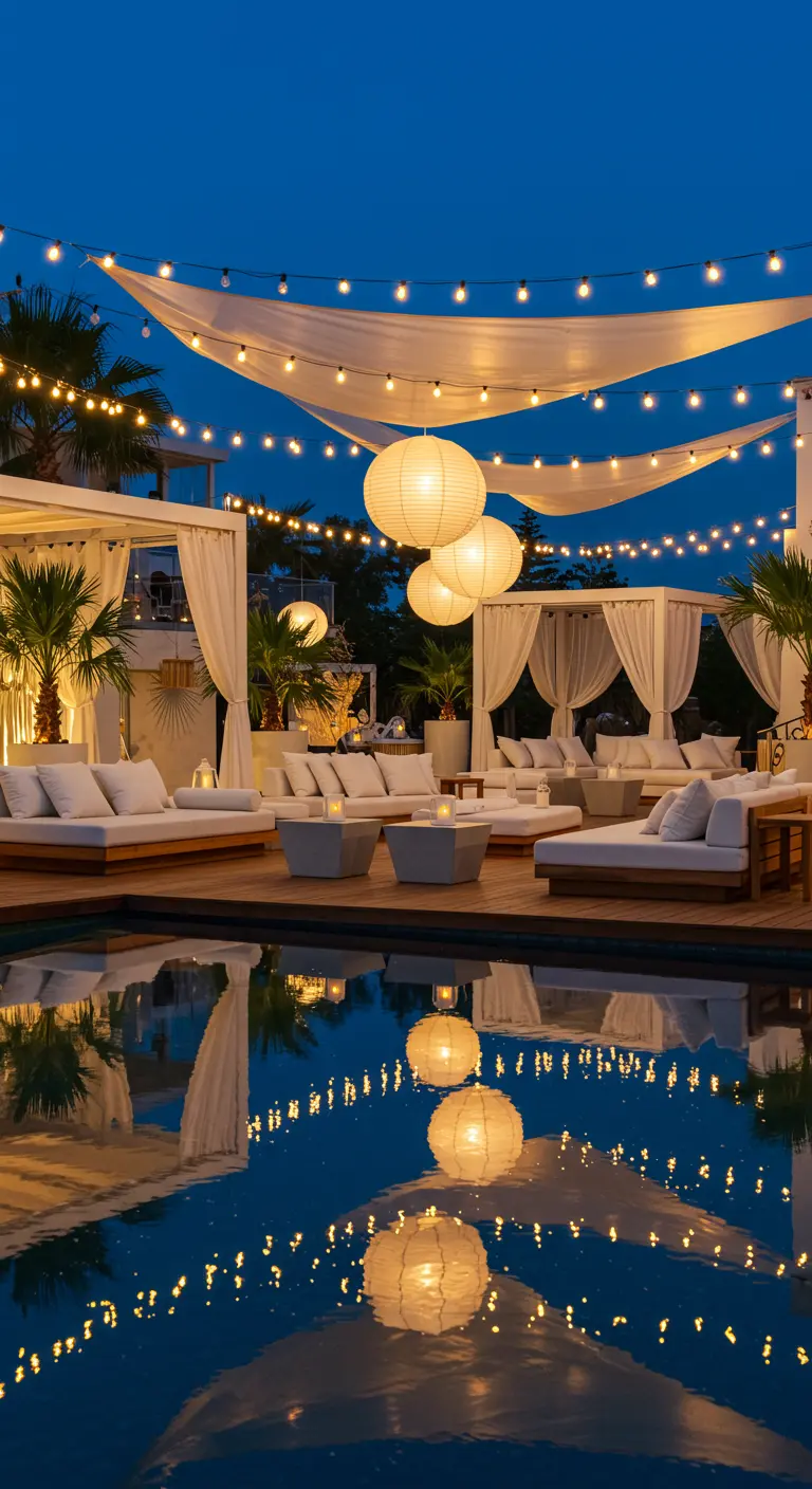 Grande terrasse de piscine avec cabanas blanches, guirlandes lumineuses et lampions blancs.