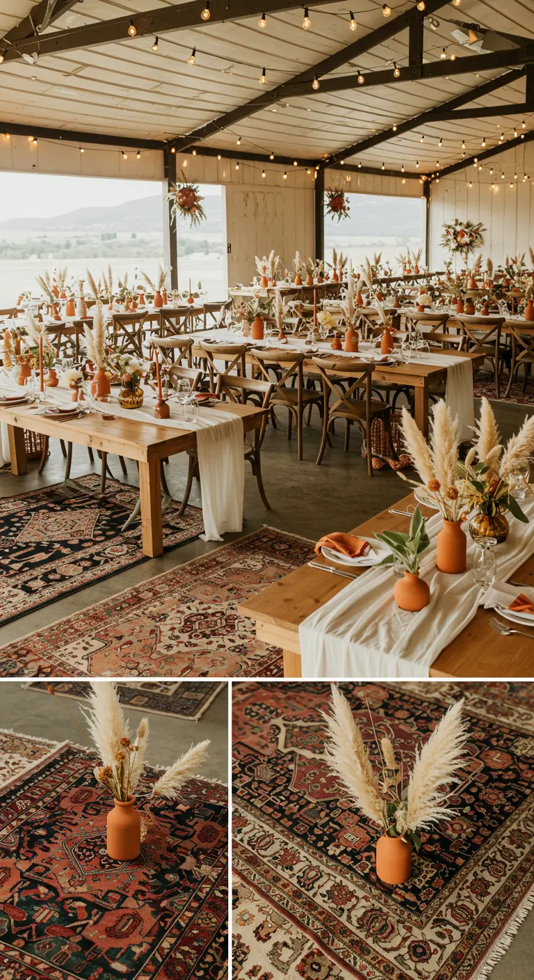 Réception bohème intérieure avec longues tables en bois, tapis orientaux, vases en terre cuite et herbe de la Pampa.