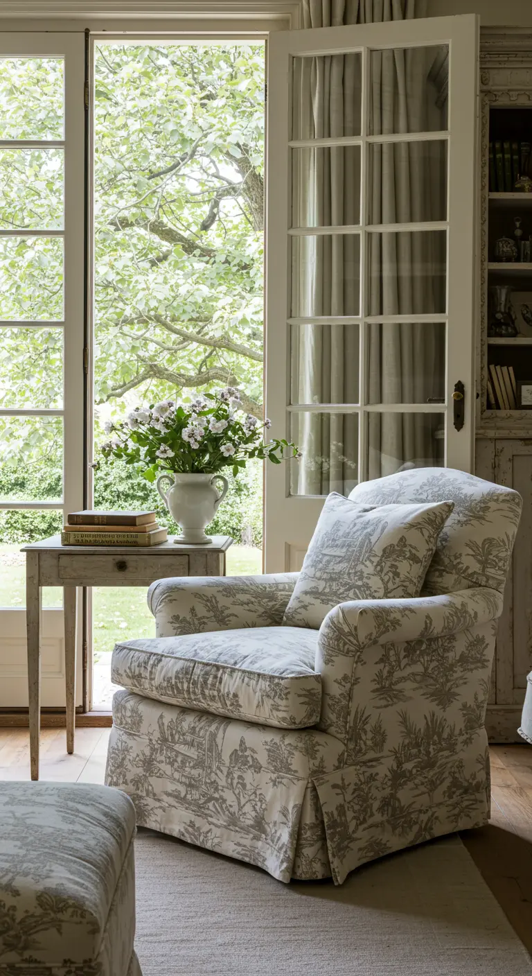 Fauteuil à motif toile de Jouy près d'une porte-fenêtre ouverte sur un jardin verdoyant.