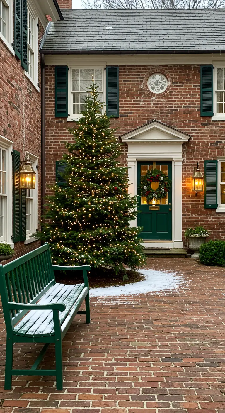 Façade de maison en brique avec un grand sapin de Noël et un banc vert.