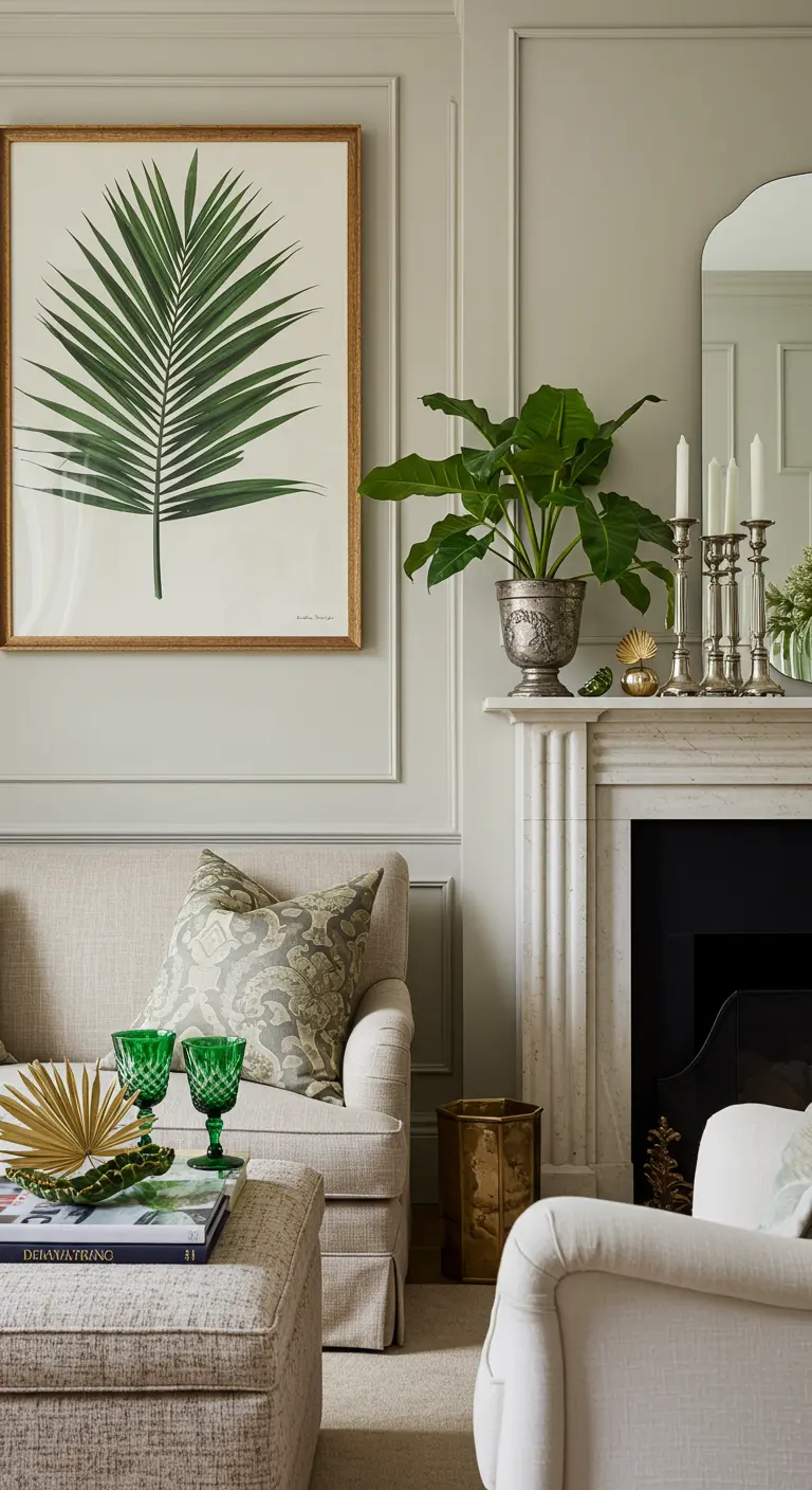 Salon classique avec une illustration de palmier encadrée, une plante et des verres verts
