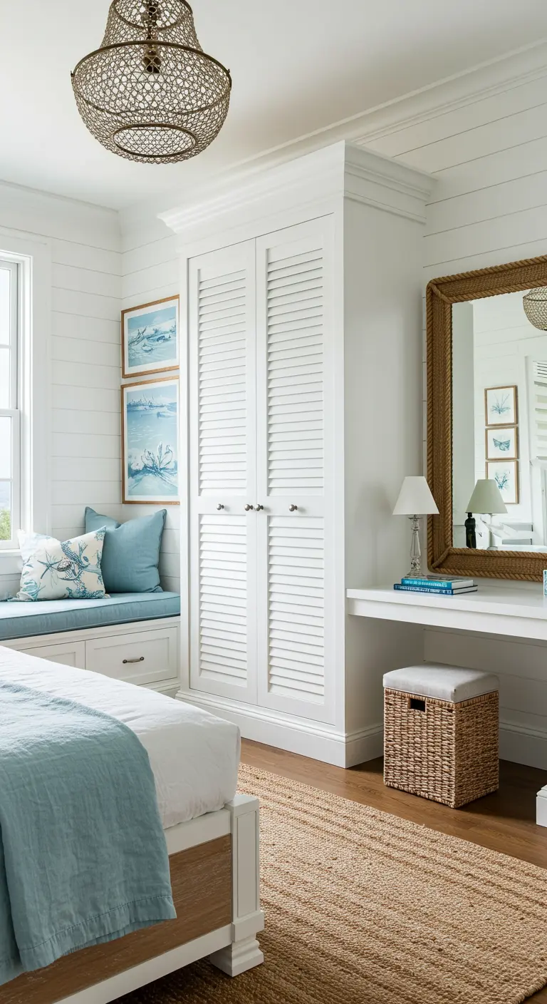Chambre style côtier avec armoire blanche, banquette et coussins bleus.