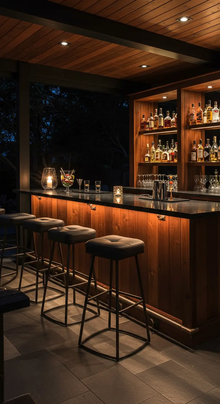 Bar extérieur chic en bois sombre avec des étagères illuminées et des tabourets rembourrés.