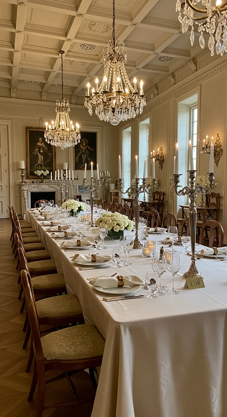Longue table de banquet élégante avec des chandeliers en argent et des fleurs blanches.