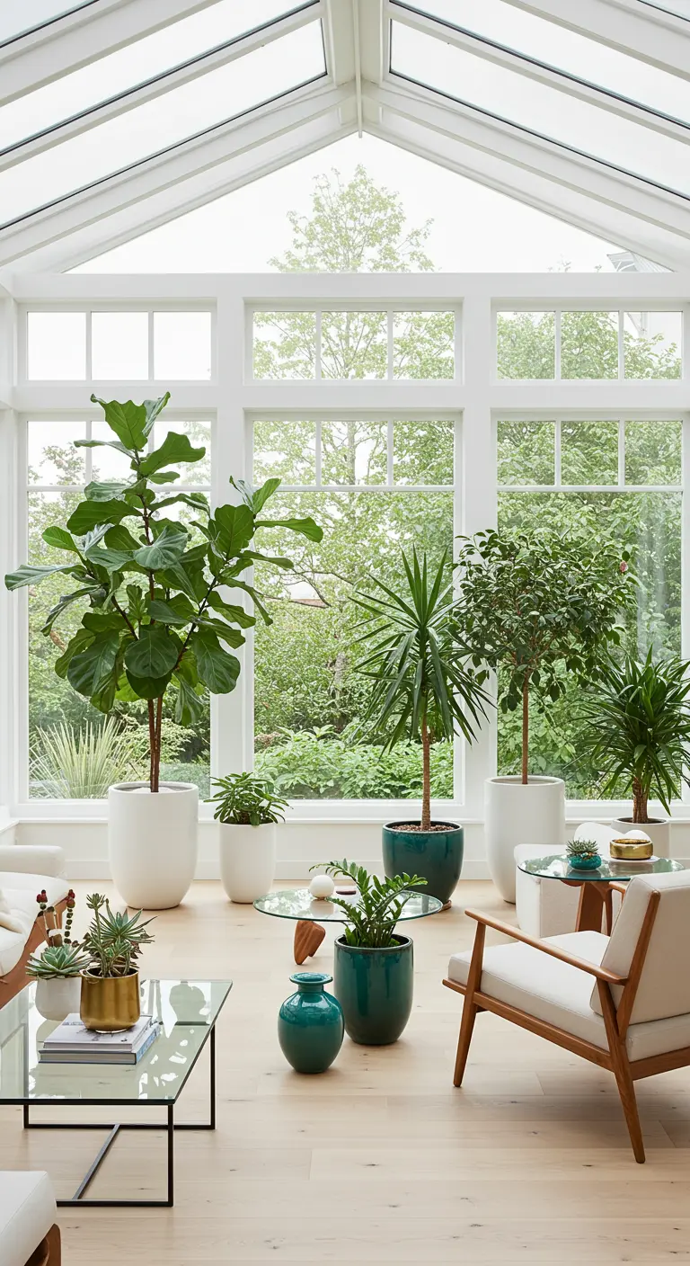 Véranda lumineuse avec de grands pots blancs et bleu-vert, garnis de plantes d'intérieur comme Ficus Lyrata et Yucca.