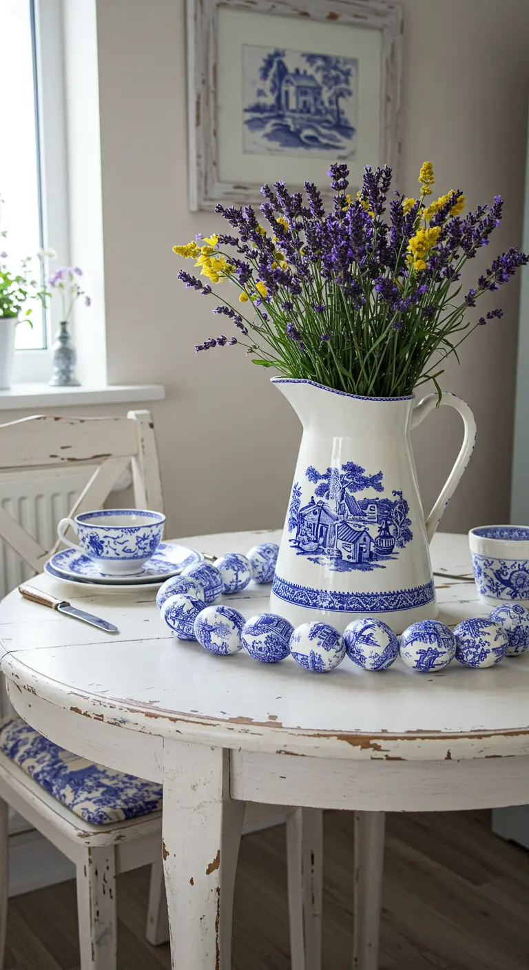 Décoration de table printanière en bleu et blanc avec des œufs peints et de la lavande.