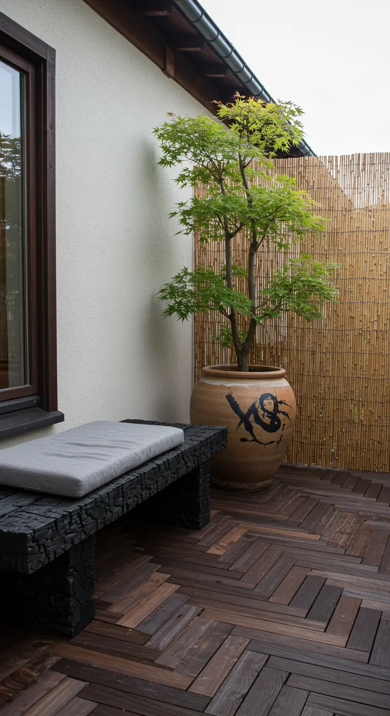 Banc en bois noirci selon la technique japonaise du Shou Sugi Ban.