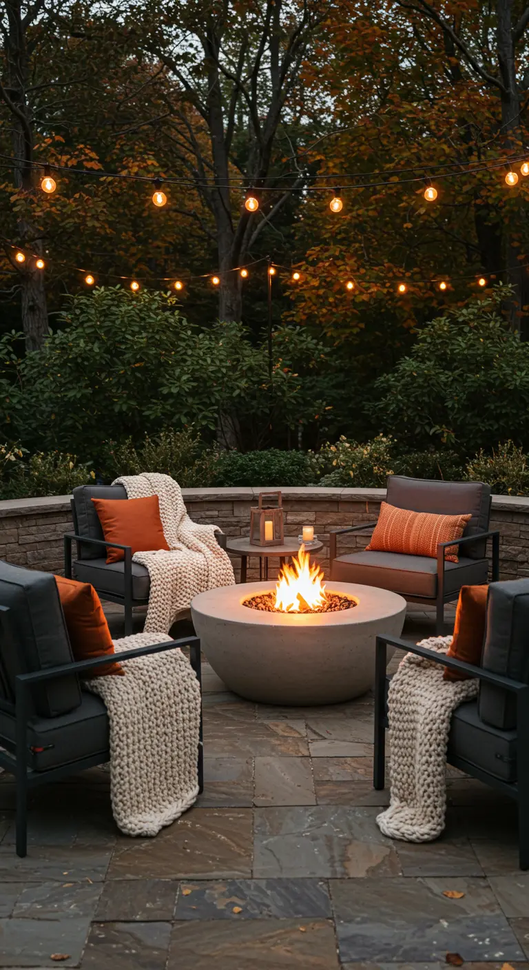 Patio avec foyer, fauteuils confortables et guirlandes lumineuses au crépuscule.