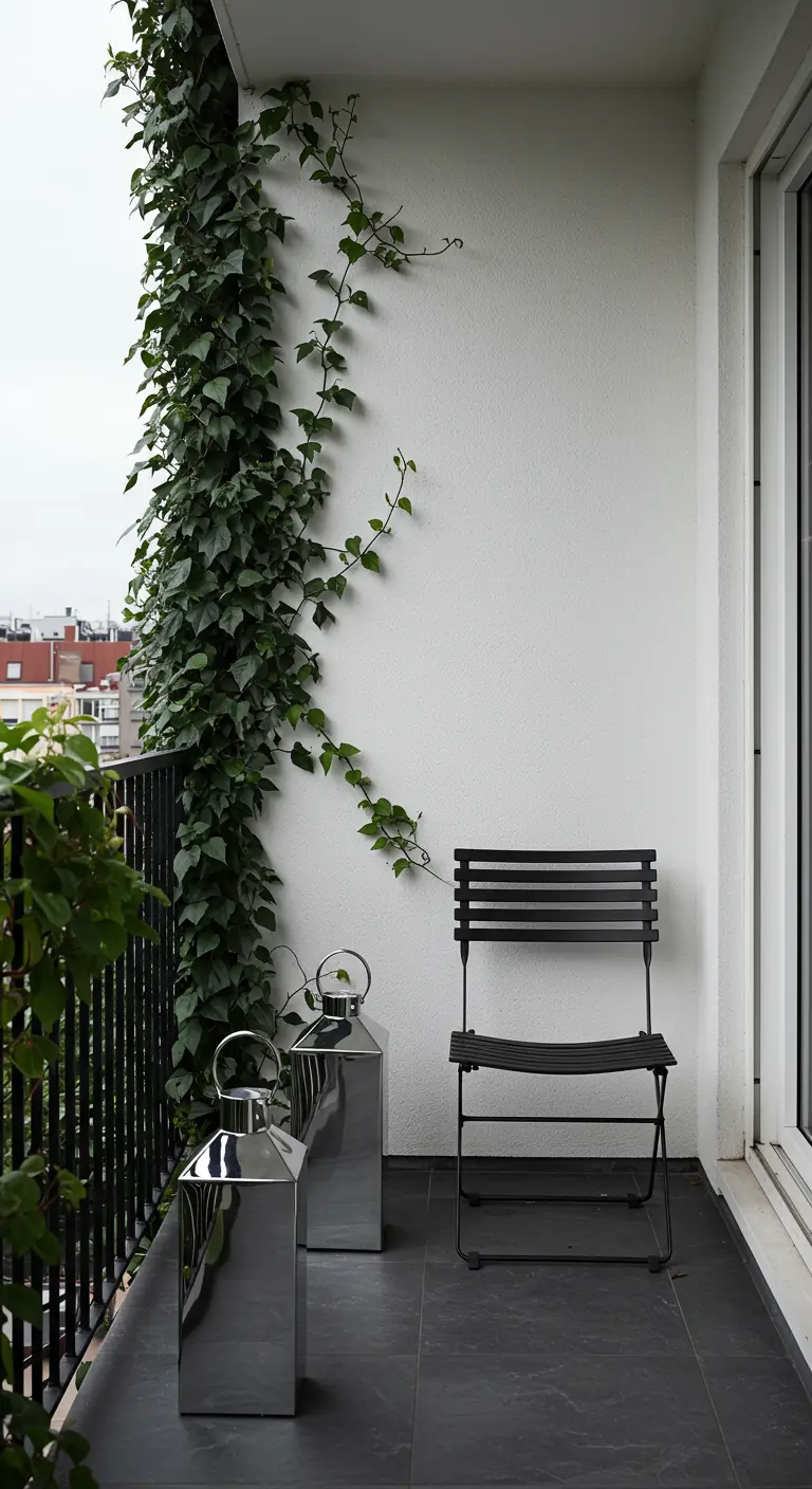 Balcon minimaliste avec du lierre grimpant sur un mur blanc et des lanternes en acier.