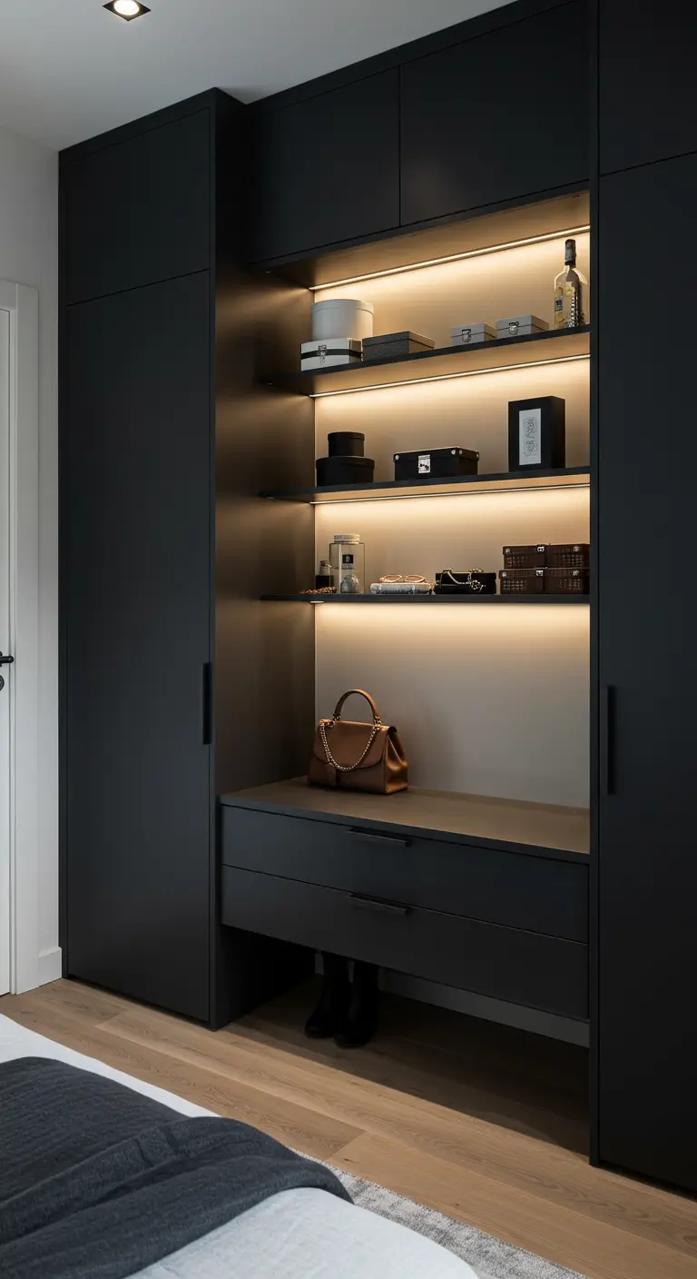 Dressing noir élégant avec étagères illuminées par LED mettant en valeur sacs et accessoires.