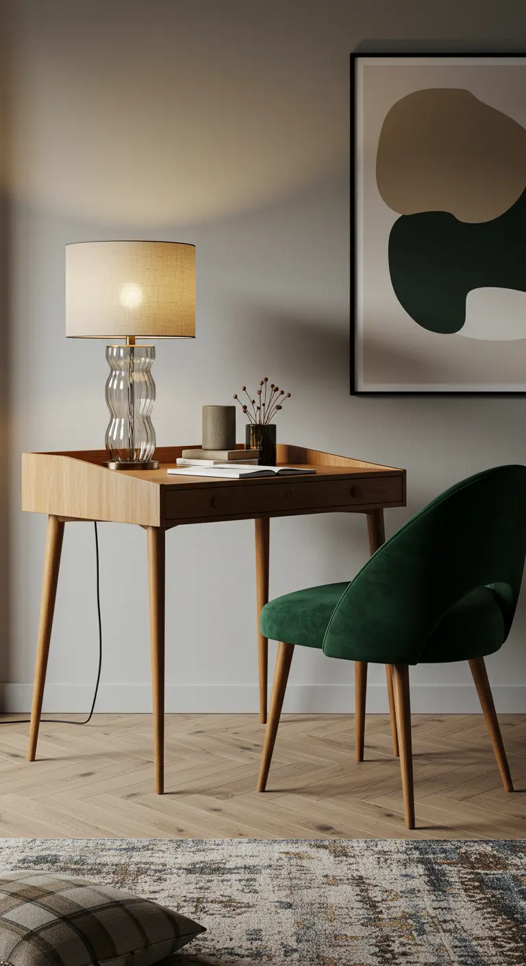 Bureau d'inspiration mid-century avec une chaise en velours vert émeraude et une lampe en verre.