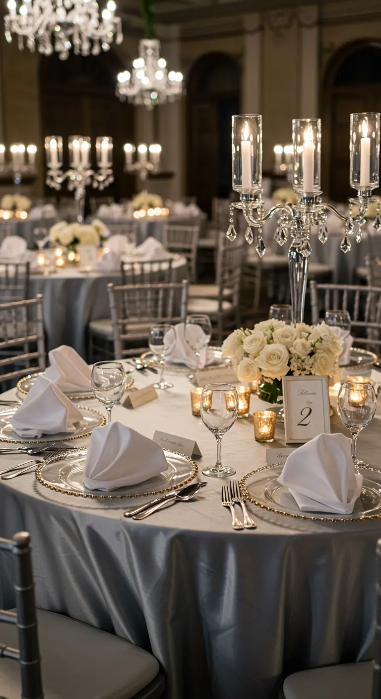 Table de mariage élégante avec serviettes blanches pliées et chandeliers.