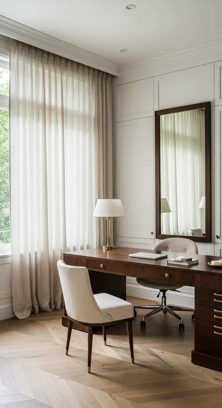 Bureau en bois foncé avec un miroir vertical encastré et des voilages en lin.