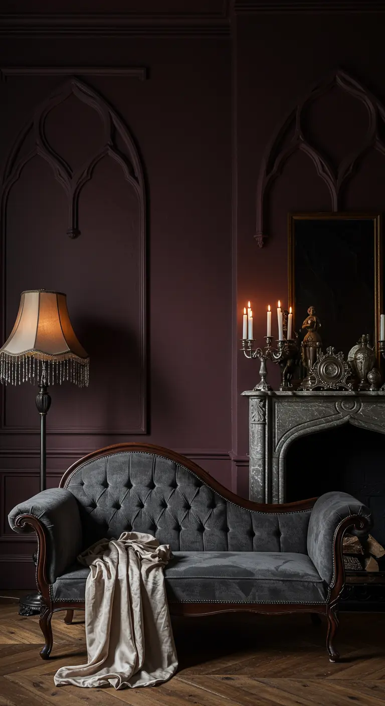 Salon d'inspiration gothique avec murs prune et moulures en ogive.