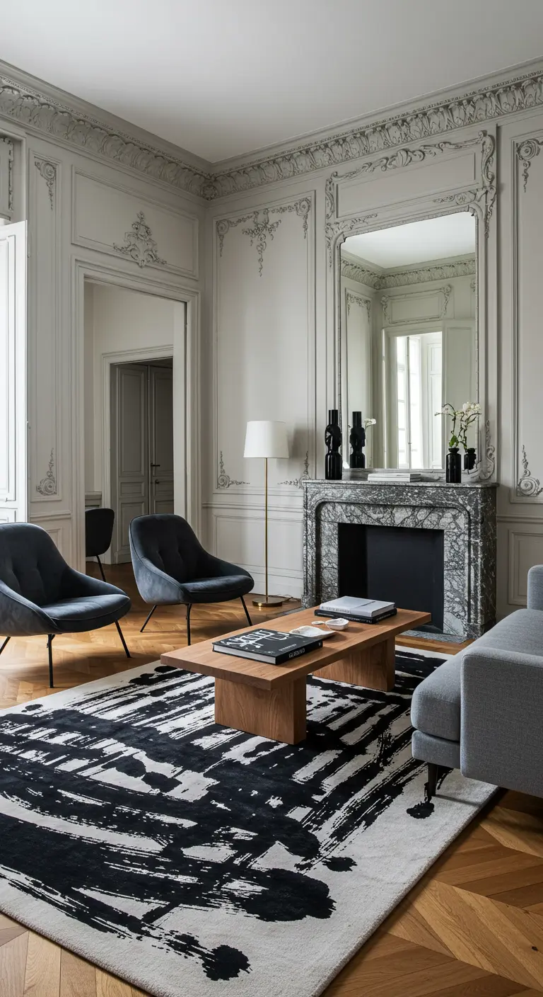 Salon haussmannien avec moulures, cheminée en marbre et tapis graphique noir et blanc très contemporain.