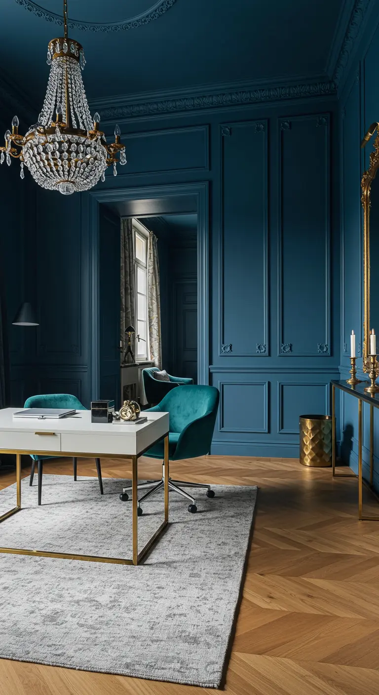 Bureau luxueux bleu pétrole avec moulures, lustre à pampilles et mobilier doré.