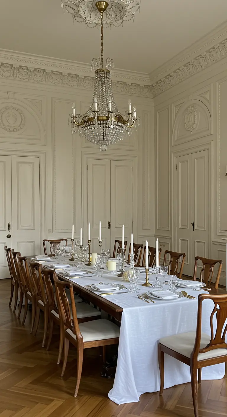 Table élégante blanche et or, chandeliers dorés, vaisselle classique, lustre en cristal.