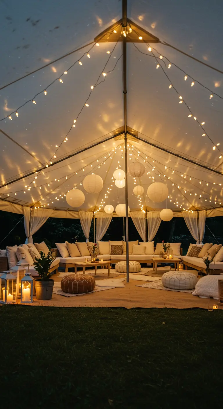 Grand chapiteau de réception avec canapés blancs, guirlandes lumineuses et lampions blancs suspendus.