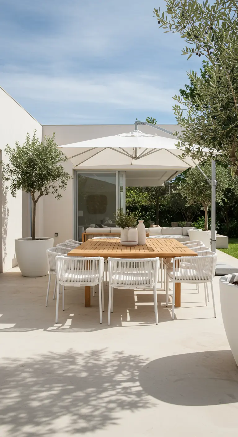 Table à manger extérieure en bois avec chaises blanches tressées, parasol blanc et oliviers en pots.