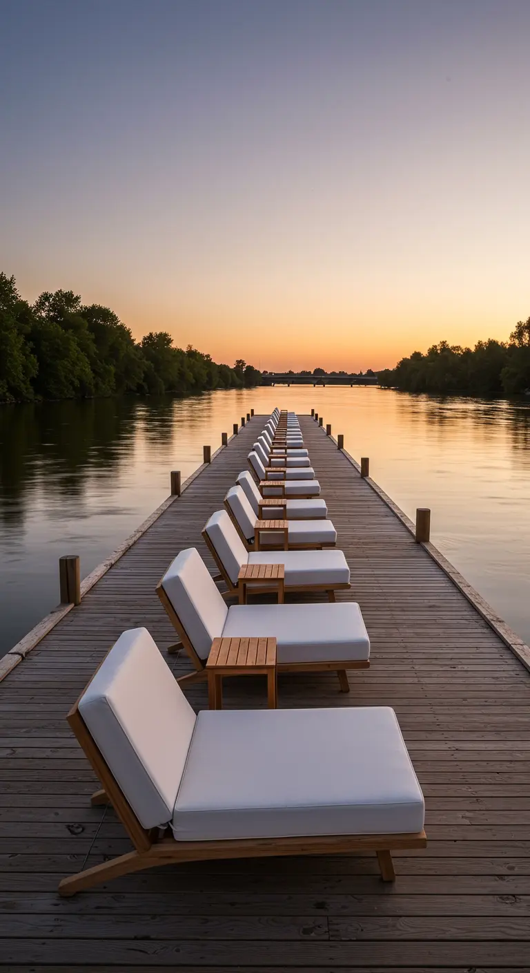Rangée de transats blancs en bois sur un long ponton en bois au-dessus de l'eau au lever du soleil.