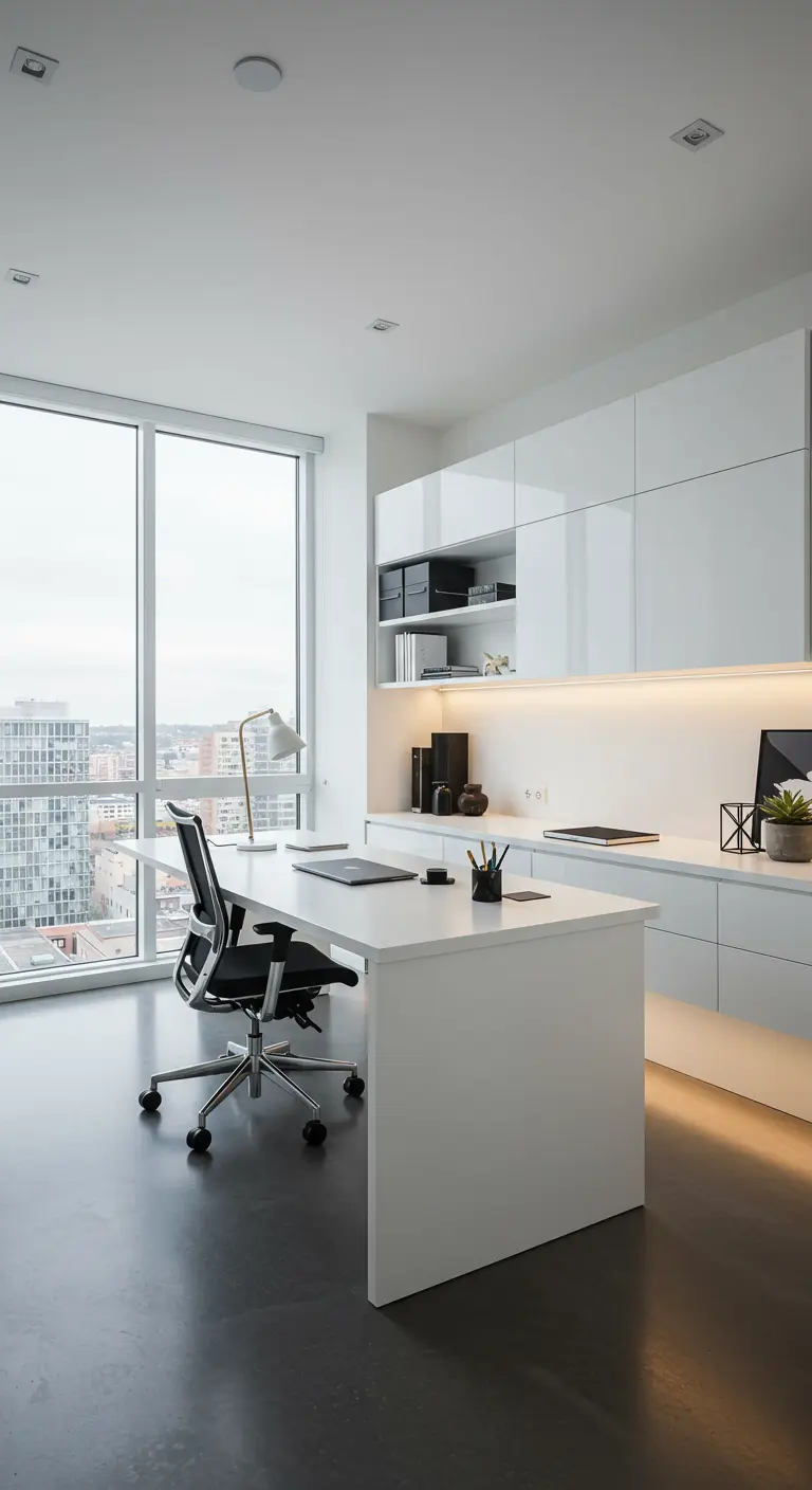 Bureau minimaliste blanc avec rangements intégrés et vue sur la ville