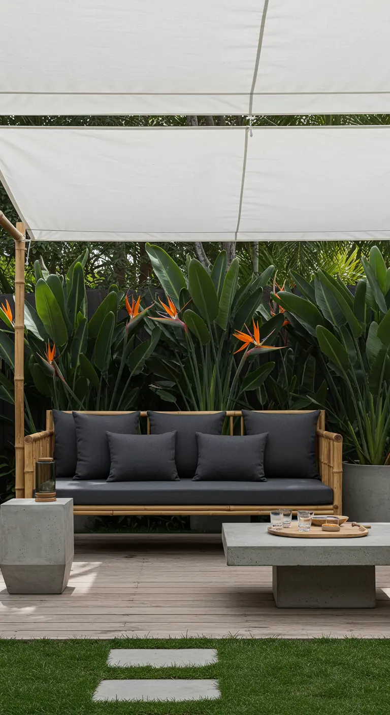 Canapé en bambou gris, tables basses en béton, voile d'ombrage et plantes exotiques dans un jardin moderne.