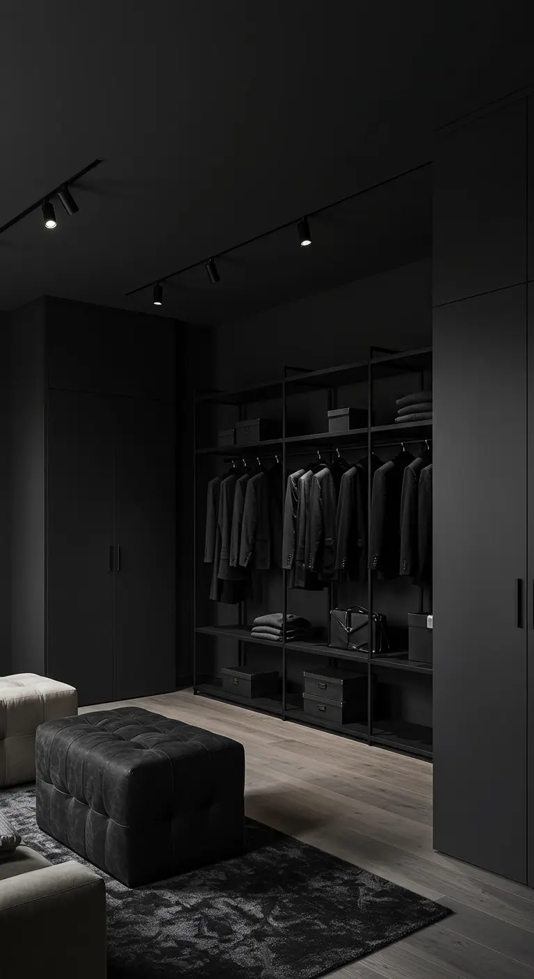 Dressing noir monochrome avec armoires et étagères ouvertes en métal pour les costumes.