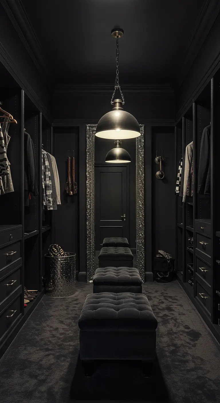 Dressing entièrement noir avec miroirs, tabourets en velours noir et éclairage suspendu.