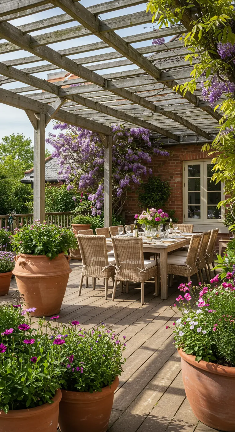 Grande terrasse en bois sous une pergola couverte de glycine violette avec une table de repas.
