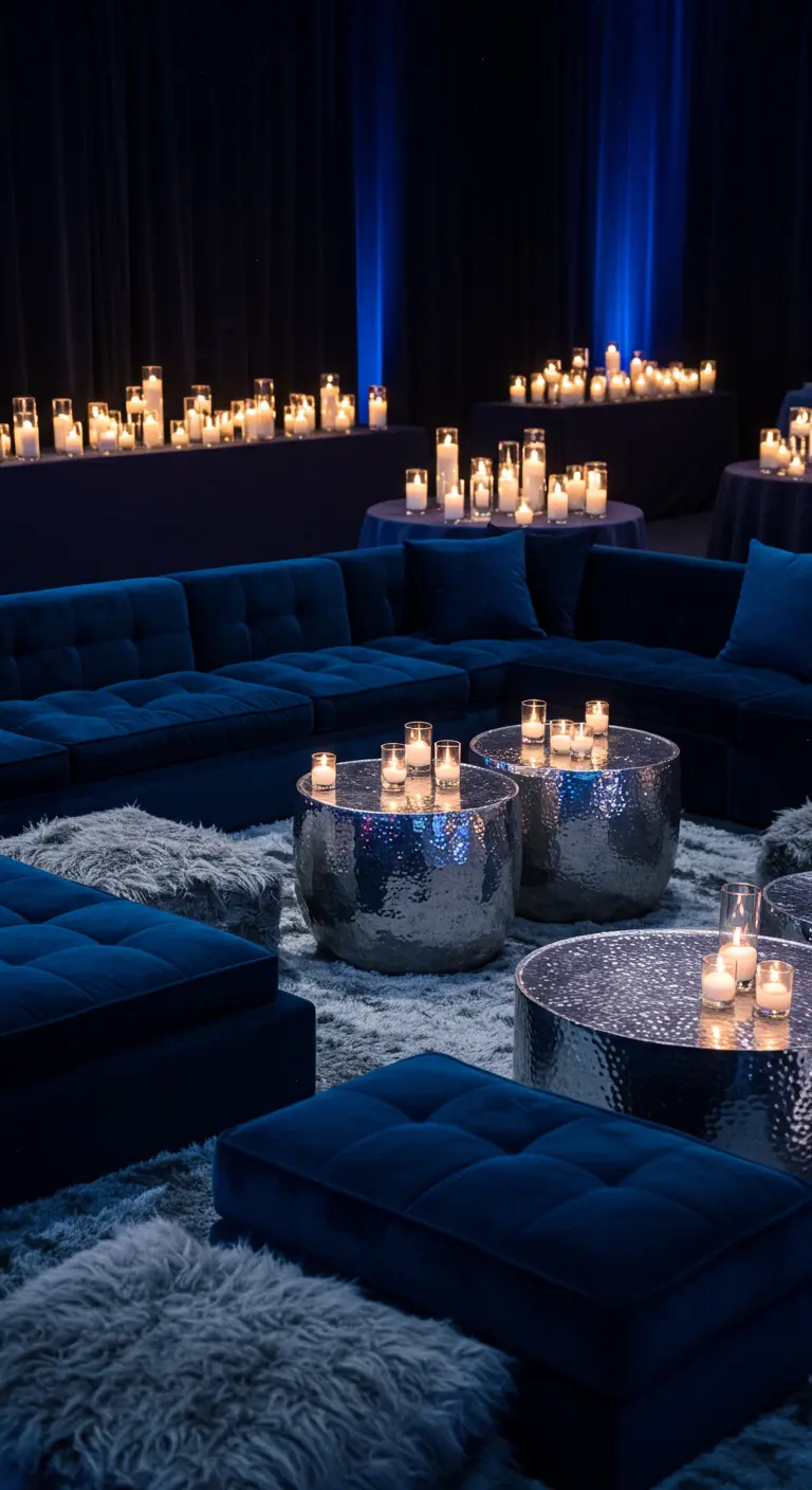 Espace lounge de soirée avec canapés en velours bleu, tables métalliques et de nombreuses bougies.