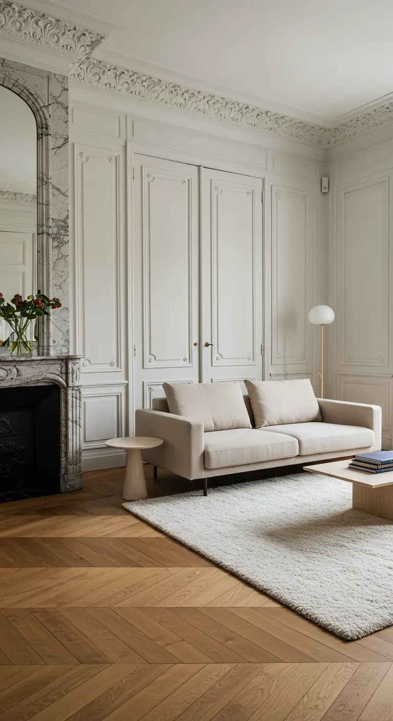 Salon haussmannien avec moulures, cheminée et mobilier design sur tapis crème.