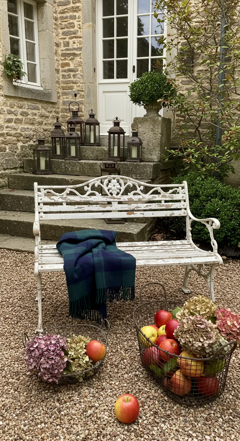 Banc en fer forgé blanc patiné avec un plaid tartan et des paniers de pommes et d'hortensias.