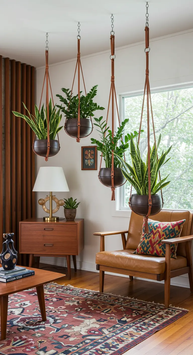 Pots suspendus par des lanières en cuir dans un salon de style milieu du siècle.