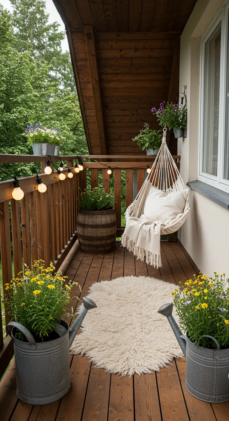 Balcon rustique en bois avec fauteuil suspendu, tapis moelleux et arrosoirs transformés en pots.