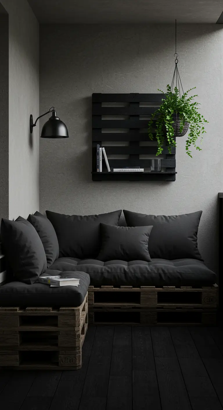 Canapé en palette noire avec des coussins noirs dans un décor de balcon sombre et minimaliste.