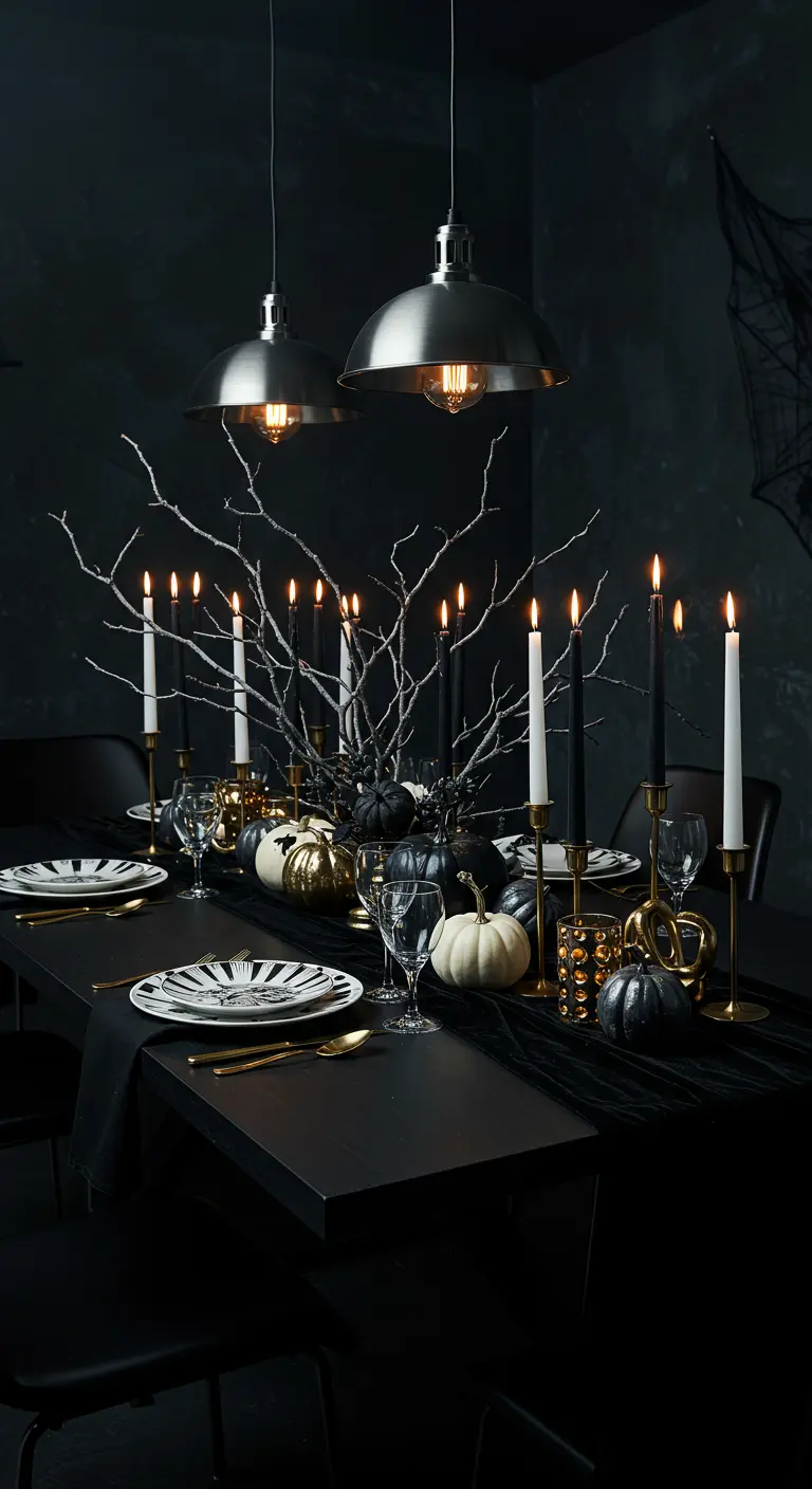 Table noire avec citrouilles noires, blanches et dorées, chandeliers noirs et bougies sombres.