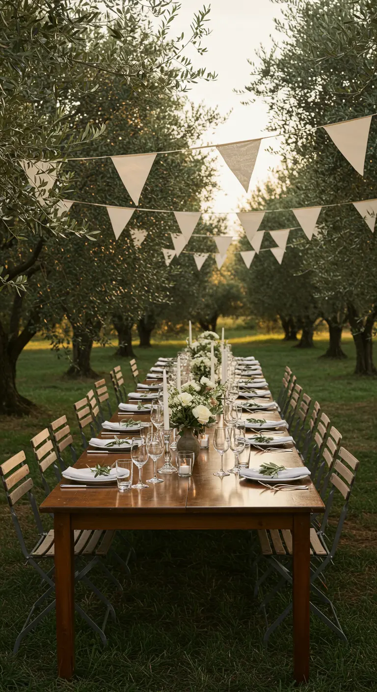 Longue table en bois sous des oliviers avec chemin de table blanc, bougies, bouquets de roses blanches et guirlandes de fanions.