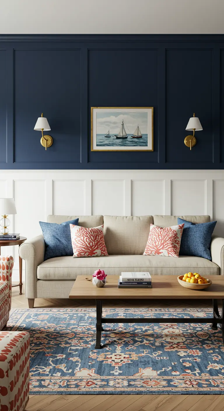Mur d'accent bleu marine avec des moulures, contrastant avec un soubassement blanc.