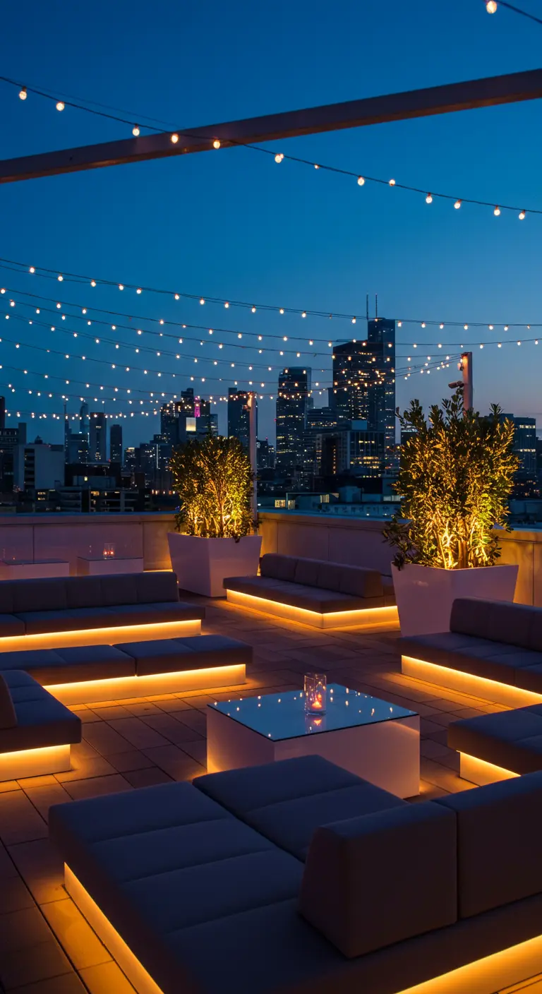 Rooftop urbain avec des guirlandes lumineuses, des meubles éclairés et un skyline en arrière-plan.