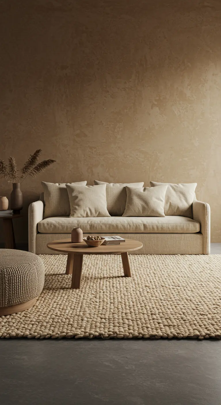 Canapé en lin beige sur un tapis en jute à grosses boucles dans un décor Wabi-Sabi.