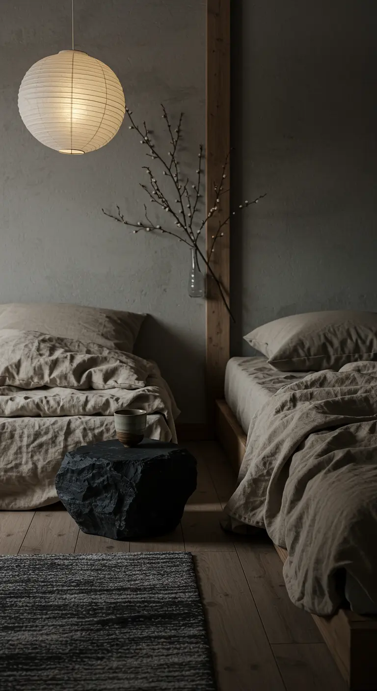 Chambre de style Wabi-Sabi avec lits bas, linge en lin et table de chevet en pierre brute.