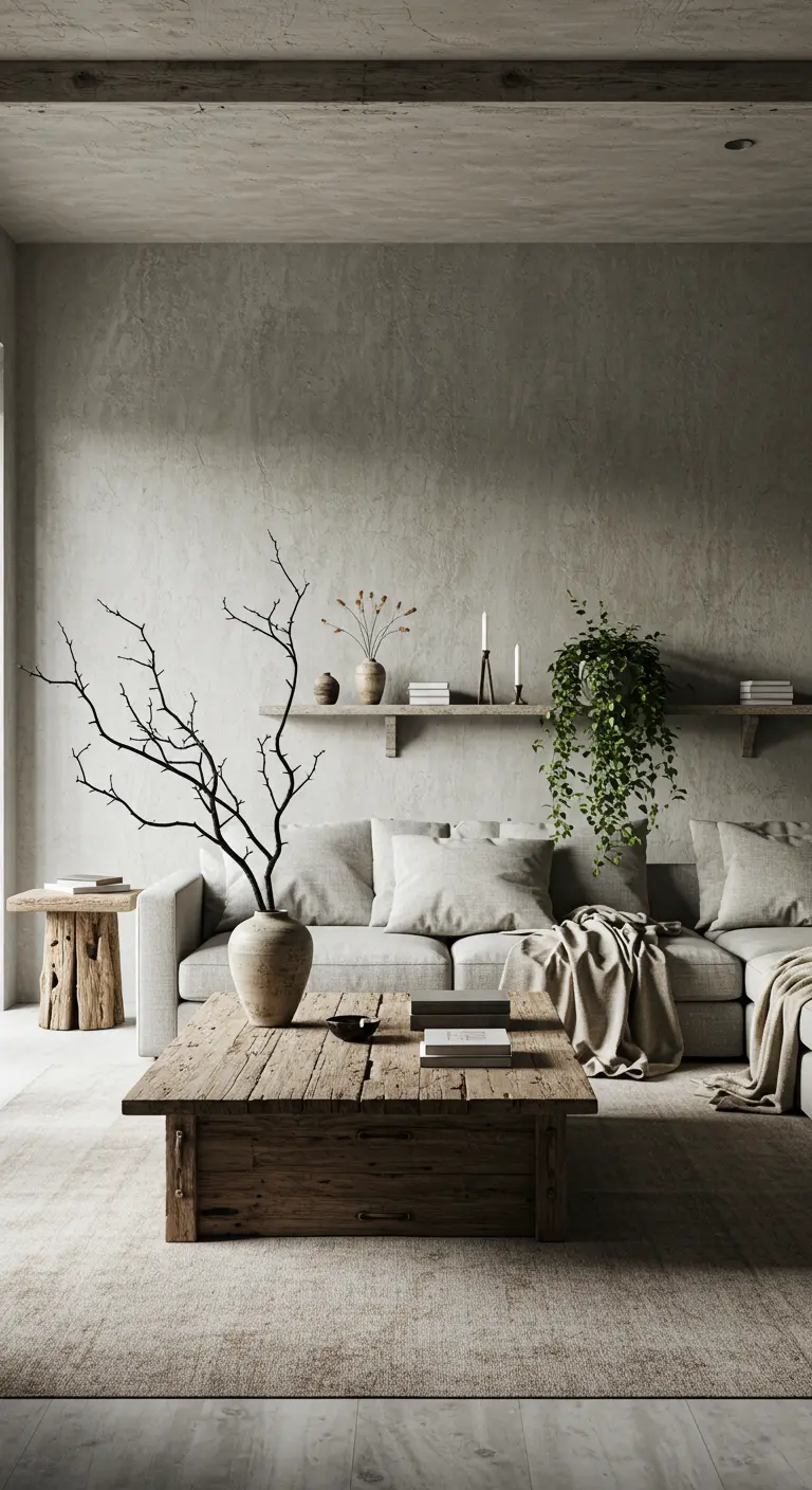 Salon wabi-sabi avec table en bois brut, canapé gris et branche décorative dans un vase.