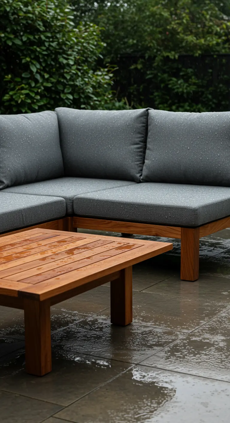 Gros plan sur des coussins de jardin gris sur lesquels perlent des gouttes de pluie.