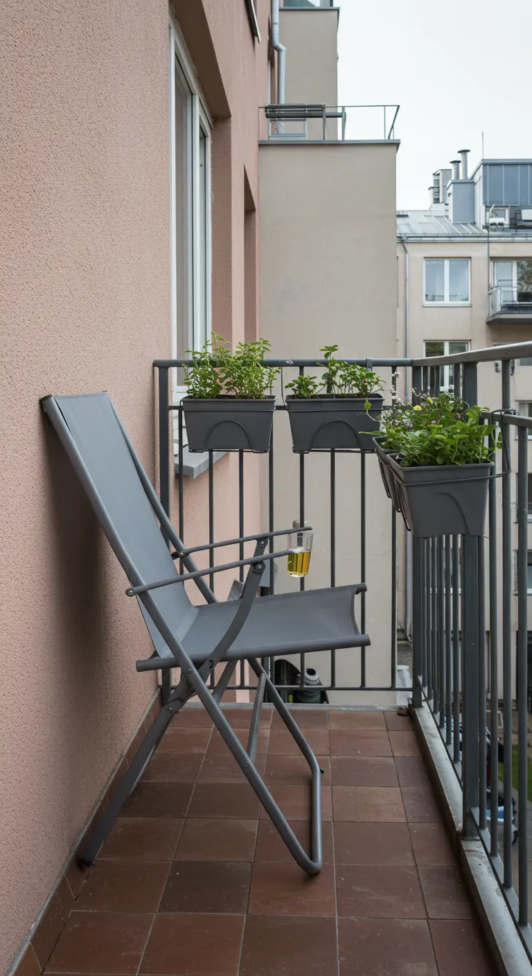 Chaise pliante en métal gris appuyée contre un mur de balcon étroit.
