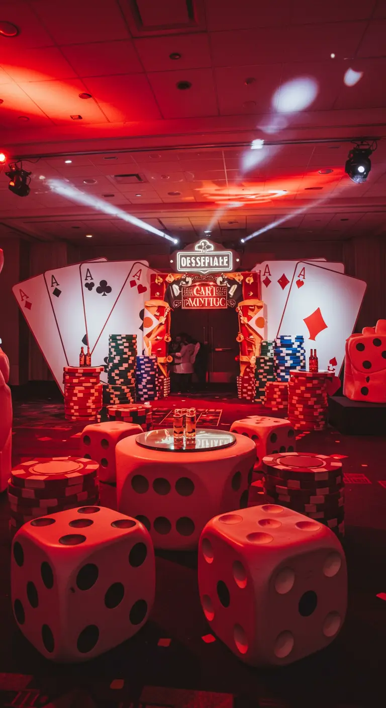 Entrée thématisée casino avec cartes et dés géants.