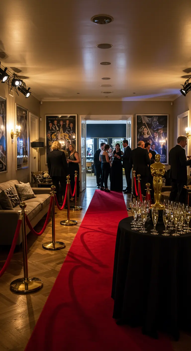 Entrée de soirée cinéma avec tapis rouge, cordes de velours et statuette dorée.