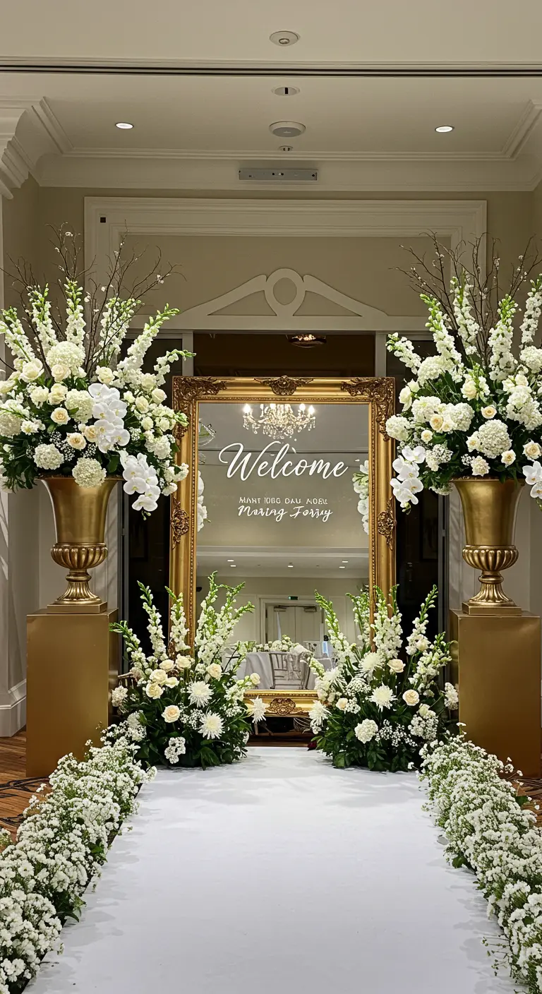 Entrée de réception avec un tapis blanc, un miroir doré et deux grandes compositions florales.